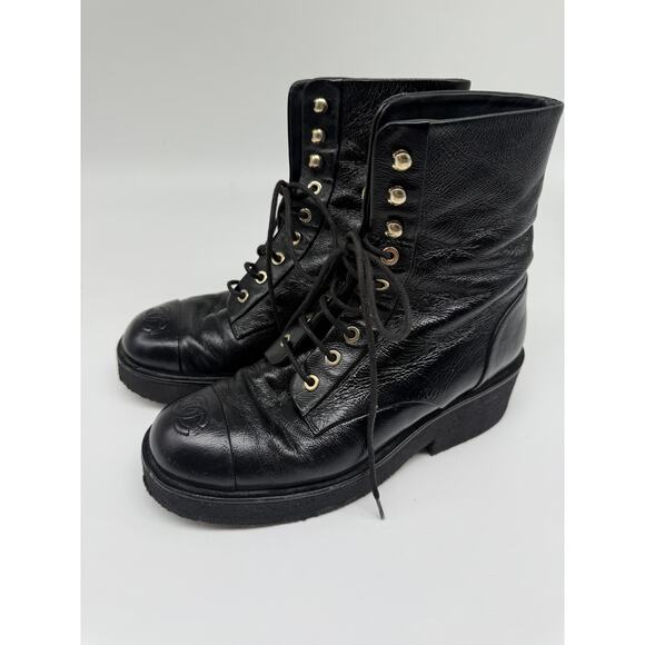 Chanel Leather Interlocking CC Logo Lace Up Combat Boots Black Women's Size 37 - Picture 1 of 10